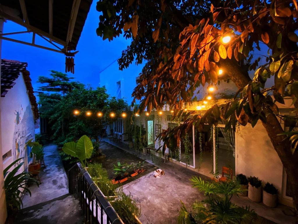Kon Tum的住宿－Kontum Home Sweet Homestay，夜晚有灯光的房子的庭院