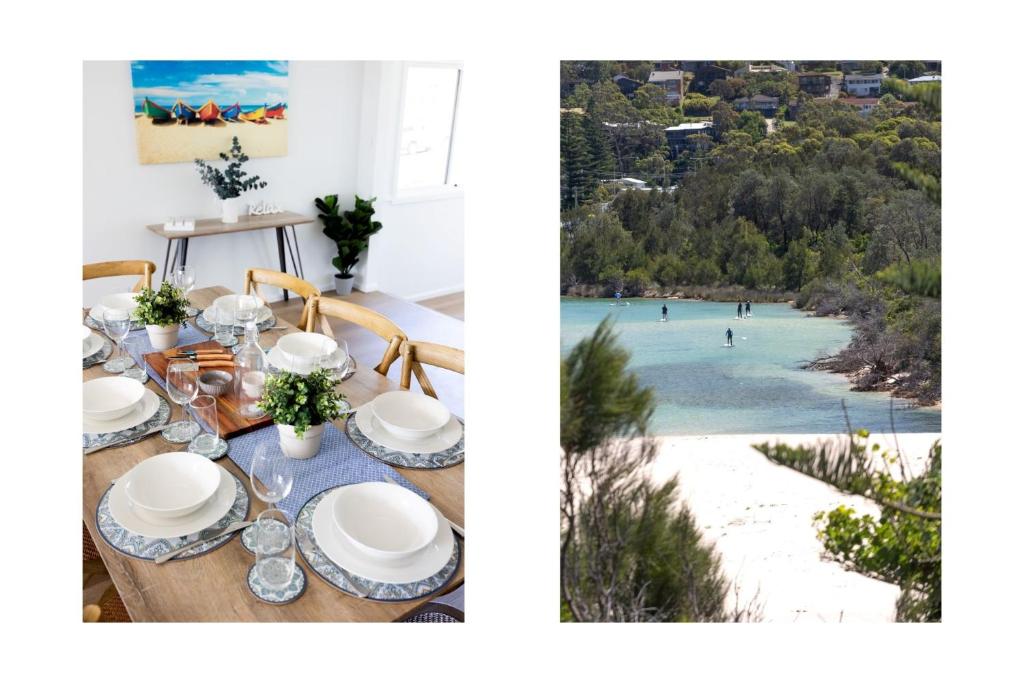 a dining room table with a view of the beach at Seaside Beach House in Burrill Lake