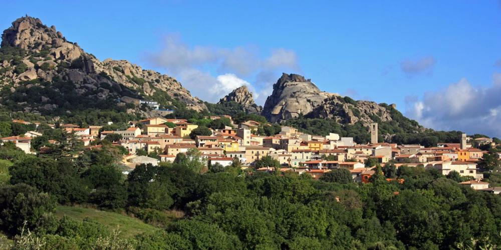 un village sur une colline avec des montagnes en arrière-plan dans l'établissement La casedda di Zietta, à Aggius