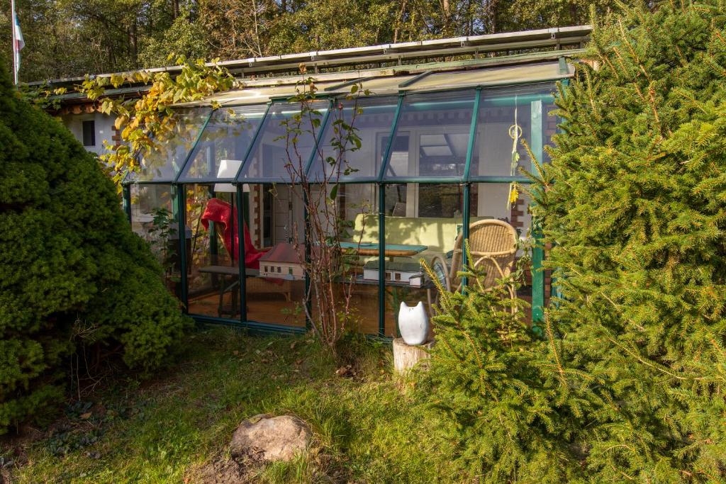 a glass house with a penguin standing in front of it at Bungalow in Gristow in Gristow