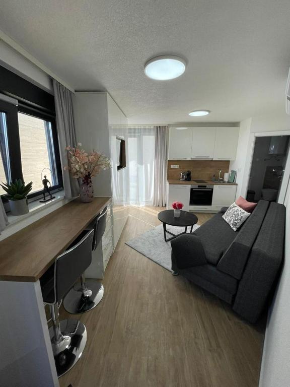 uma sala de estar com um sofá e uma cozinha em Villa Laverna Annex em Novalja