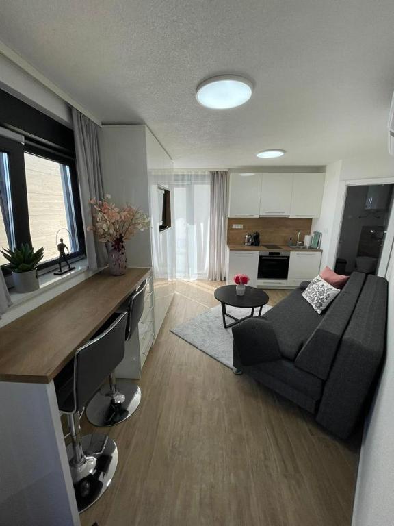 a living room with a couch and a kitchen at Villa Laverna Annex in Novalja