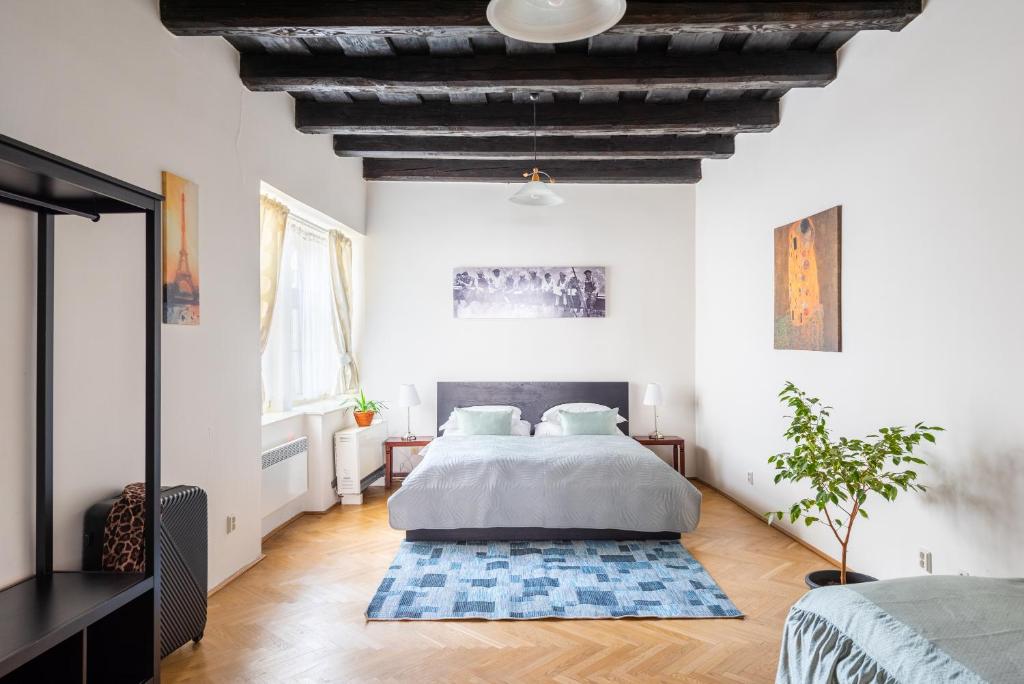 um quarto com uma cama e um tapete azul em St. George Apartments em Praga