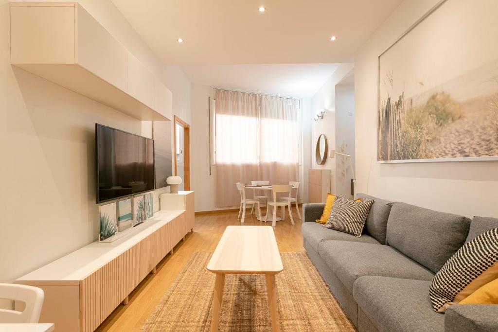 AB North Barcelona Apartments في برشلونة: غرفة معيشة مع أريكة وتلفزيون