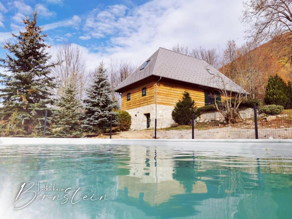 a log cabin with a pool of water in front of it at Villa Bornstein in Korenica