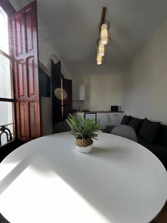una sala de estar con una mesa blanca con una planta. en Apartamentos Rey, en Córdoba