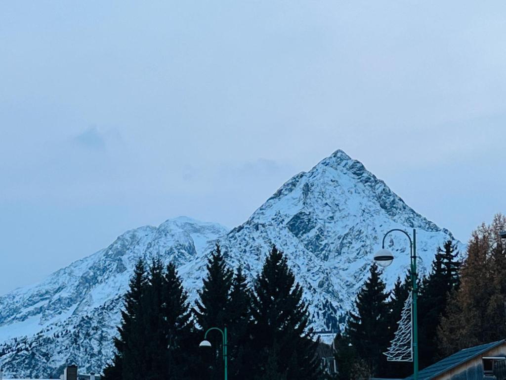 a snow covered mountain with trees in front of it at Appart au centre de la station, entièrement rénové, , parking privé et wifi gratuit in Les Deux Alpes