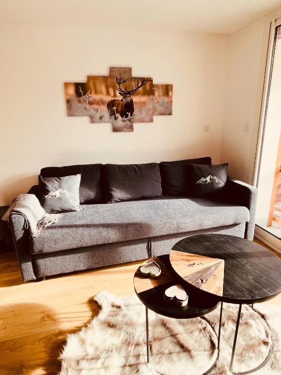 a living room with a couch and a table at Appart au centre de la station, entièrement rénové, , parking privé et wifi gratuit in Les Deux Alpes