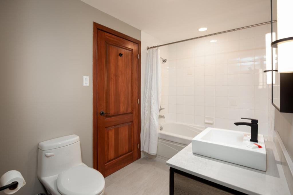 a bathroom with a toilet and a sink and a tub at Sommet Des Neiges in Mont-Tremblant