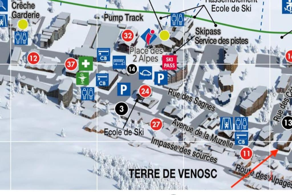 a map of a ski resort with various attractions at Appart au centre de la station, entièrement rénové, , parking privé et wifi gratuit in Les Deux Alpes