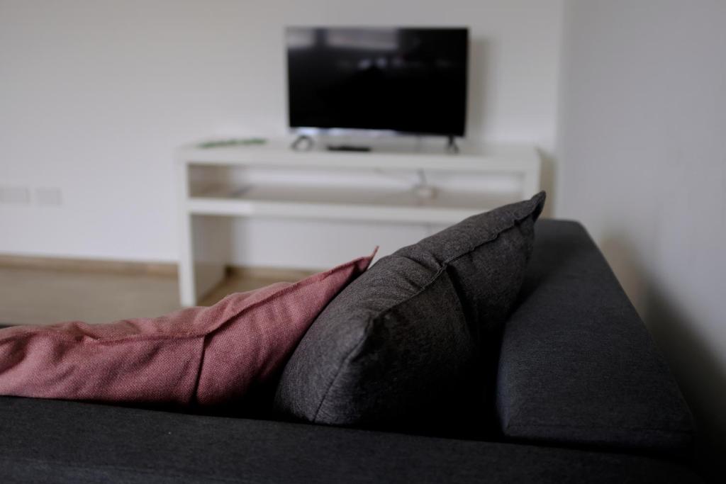 kanapa z poduszkami i telewizor w salonie w obiekcie M&Mapartments w mieście Monopoli