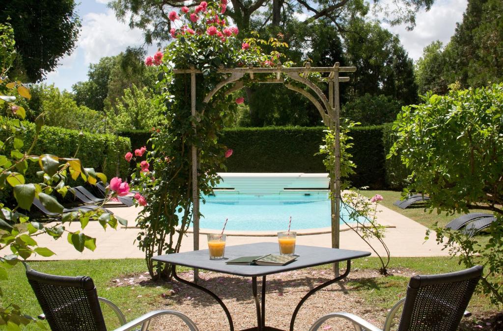 a pool with a table and chairs in it at Hotel La Roseraie in Chenonceaux