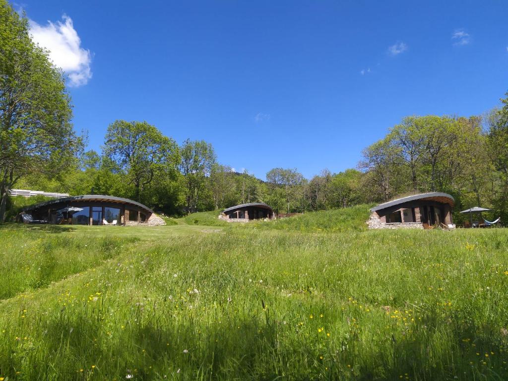 a grassy field with three small buildings on a hill at Bulle de Bois, écolodge insolite avec spa privatif au milieu des volcans - Bulles d&#39;Herbe in Queyrières