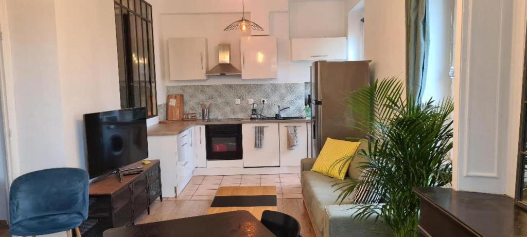 salon z kanapą i kuchnią w obiekcie Appartement deux chambres - Garibaldi w mieście Lyon
