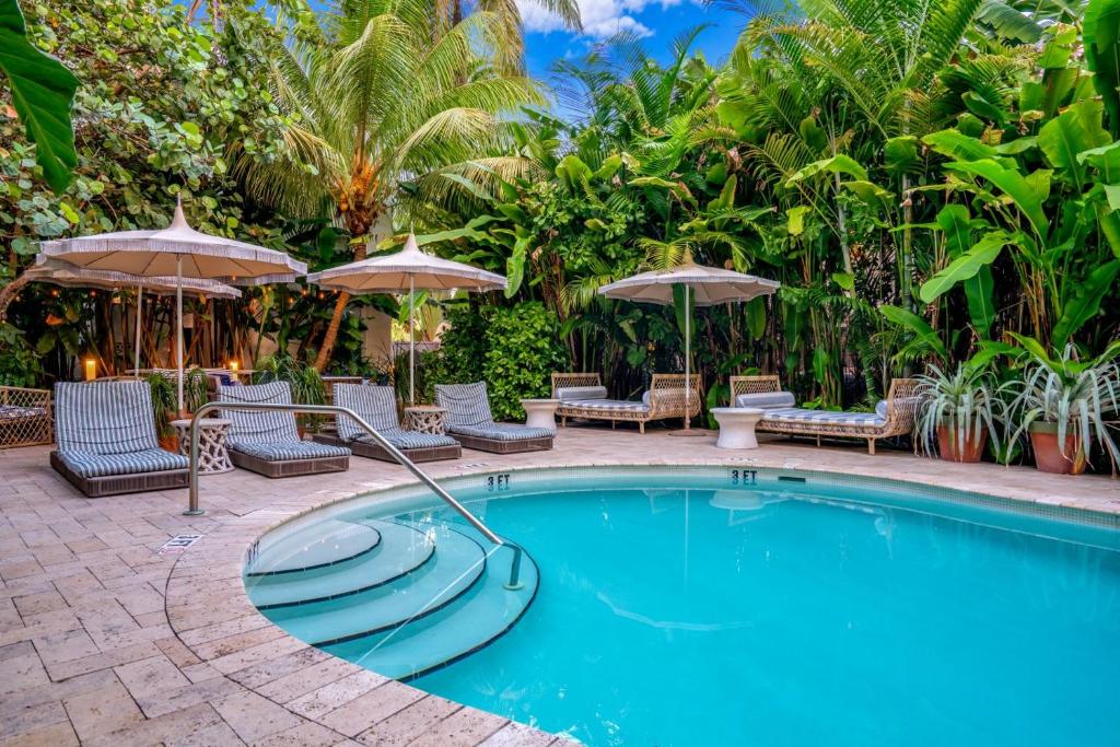 Hotel Trouvail Miami Beach في ميامي بيتش: مسبح مع كراسي ومظلات
