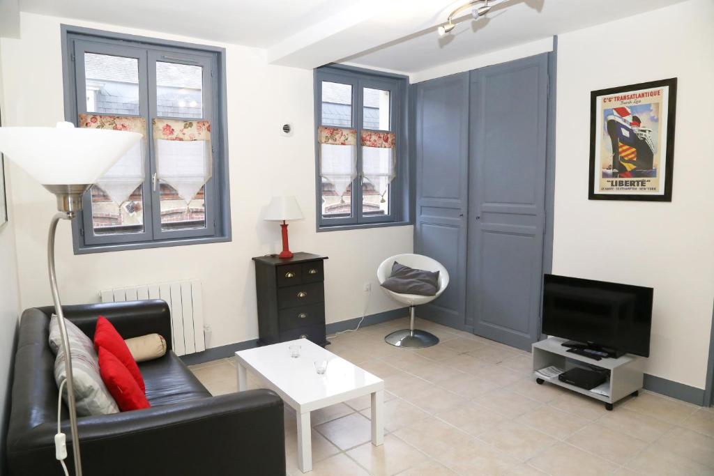 a living room with a couch and a tv at Appartement du Port de Honfleur in Honfleur