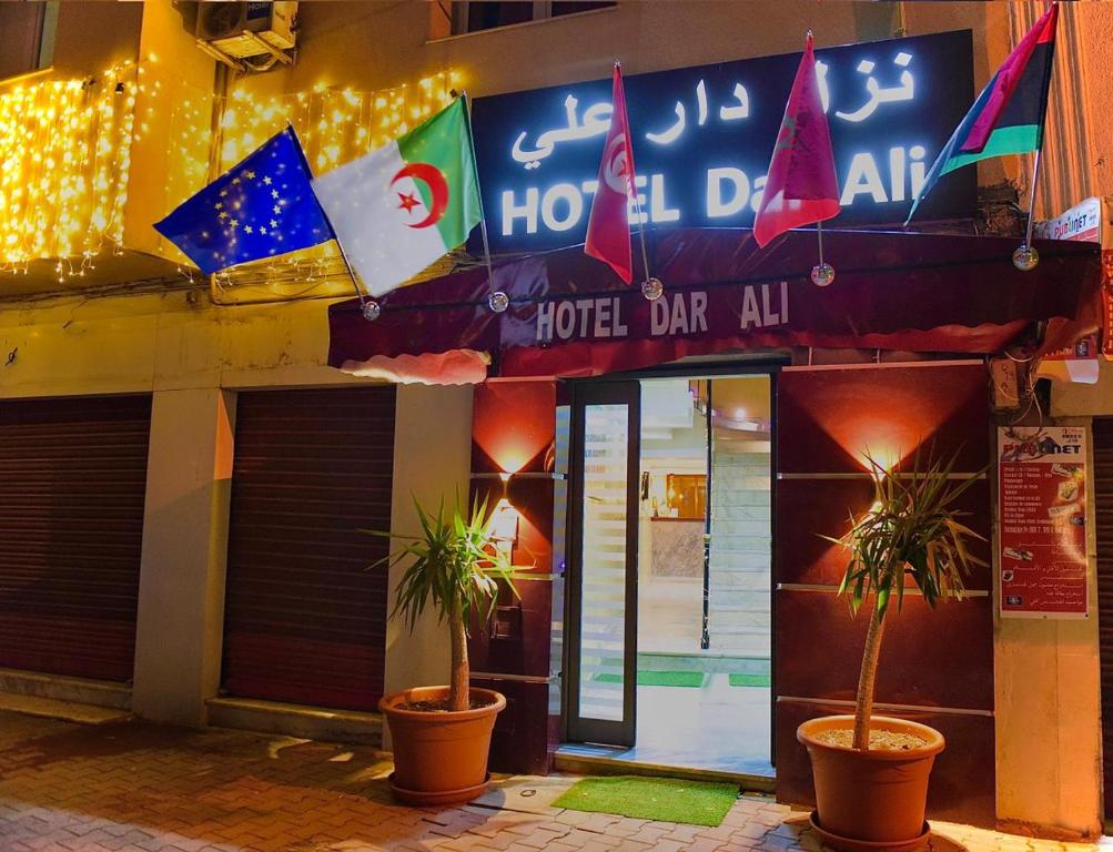 a hotel with two potted plants in front of a building at Hotel Dar Ali in Tunis