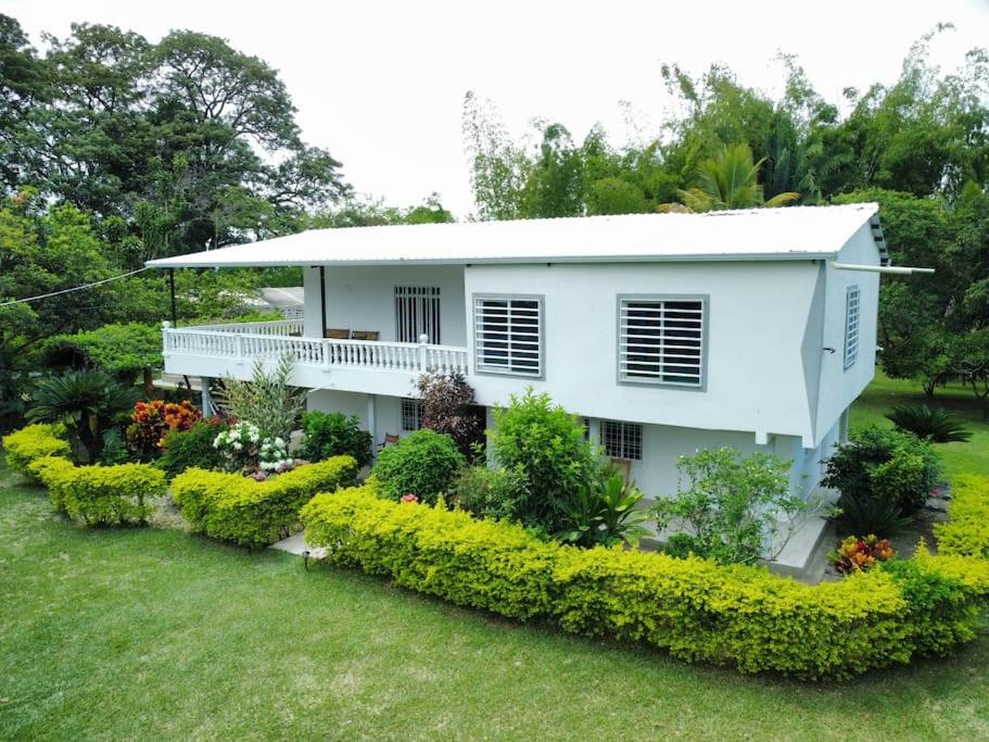 una casa blanca con un jardín delante de ella en Casa campestre con piscina y jacuzzi cerca a Ginebra Valle del Cauca en Guacarí