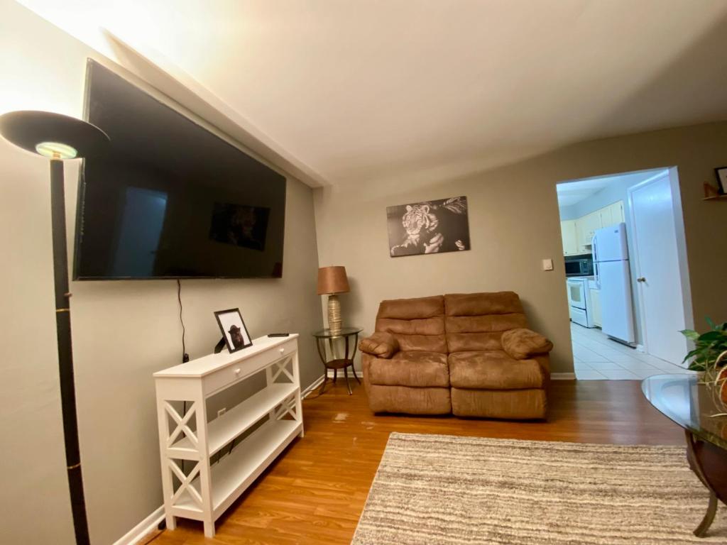 a living room with a chair and a flat screen tv at The Little Amazon in Montgomery