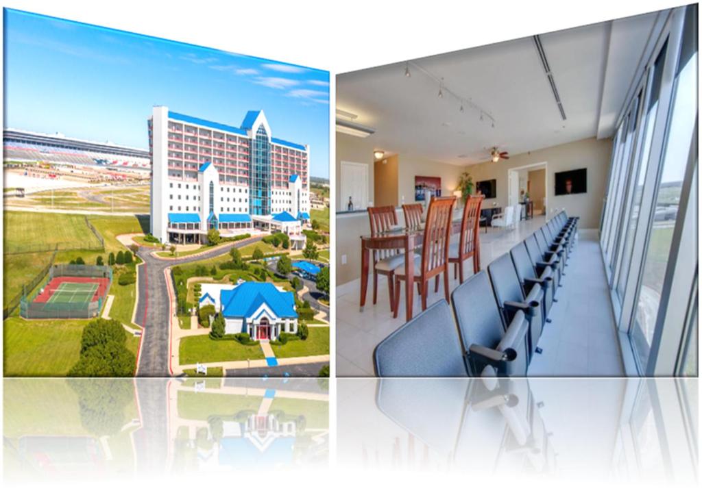 duas fotografias de um quarto de hotel com vista para um resort em 3/3 Condo on Texas Motor Speedway em Fort Worth