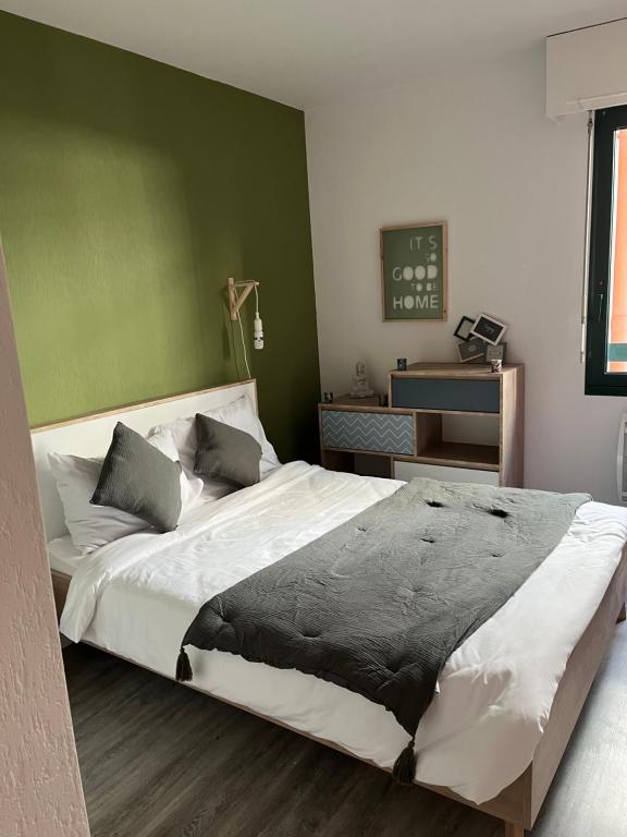 ニースにあるLe danaの緑の壁のベッドルーム1室(大型ベッド1台付)