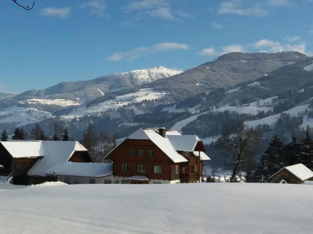 een huis bedekt met sneeuw met bergen op de achtergrond bij Forsterhof in Haus im Ennstal