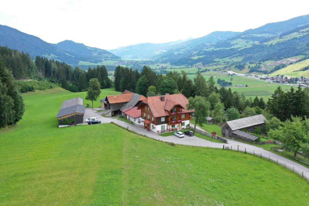 an aerial view of a house in a green field at Forsterhof in Haus im Ennstal