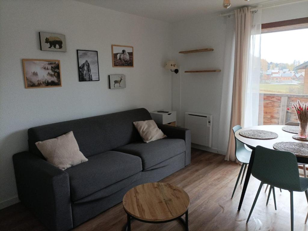 un salon avec un canapé et une table dans l'établissement Appartement rénové 2 pièces 6 pers, parking, équipements complets - FR-1-504-160, à Saint-Étienne-en-Dévoluy