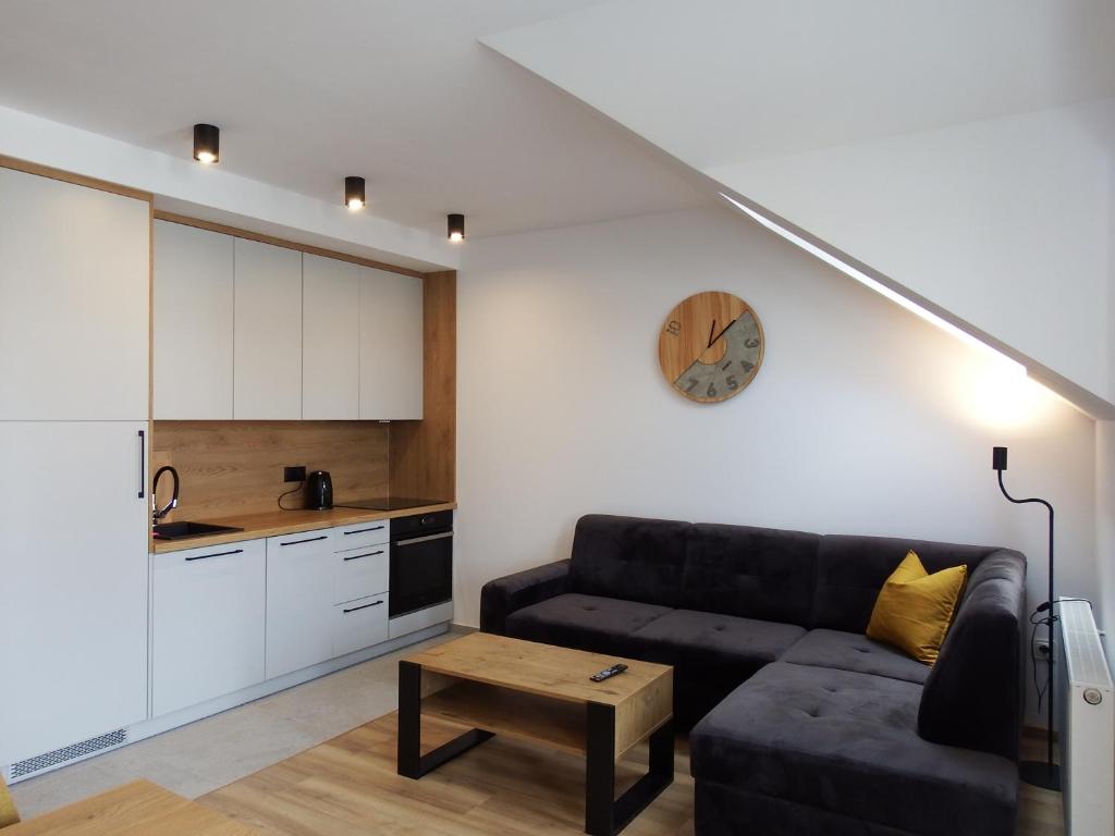 a living room with a couch and a kitchen at Apartament BURSZTYN in Darłówko