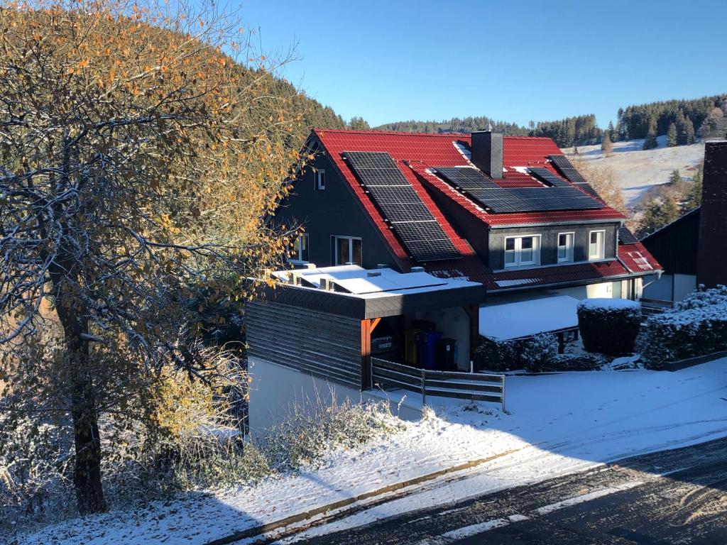 ヴィルデマンにあるHaus Innerste für Naturliebhaberの雪の赤い屋根の家