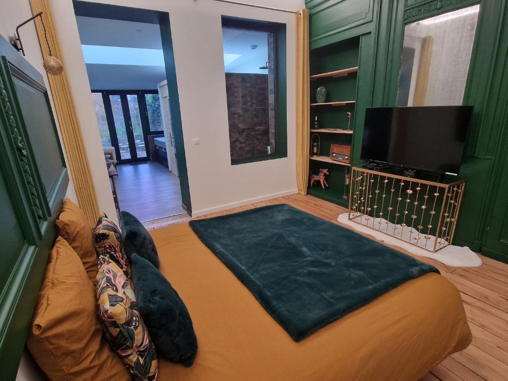Les Spas du Sébasto في ليل: غرفة معيشة فيها سرير وتلفزيون