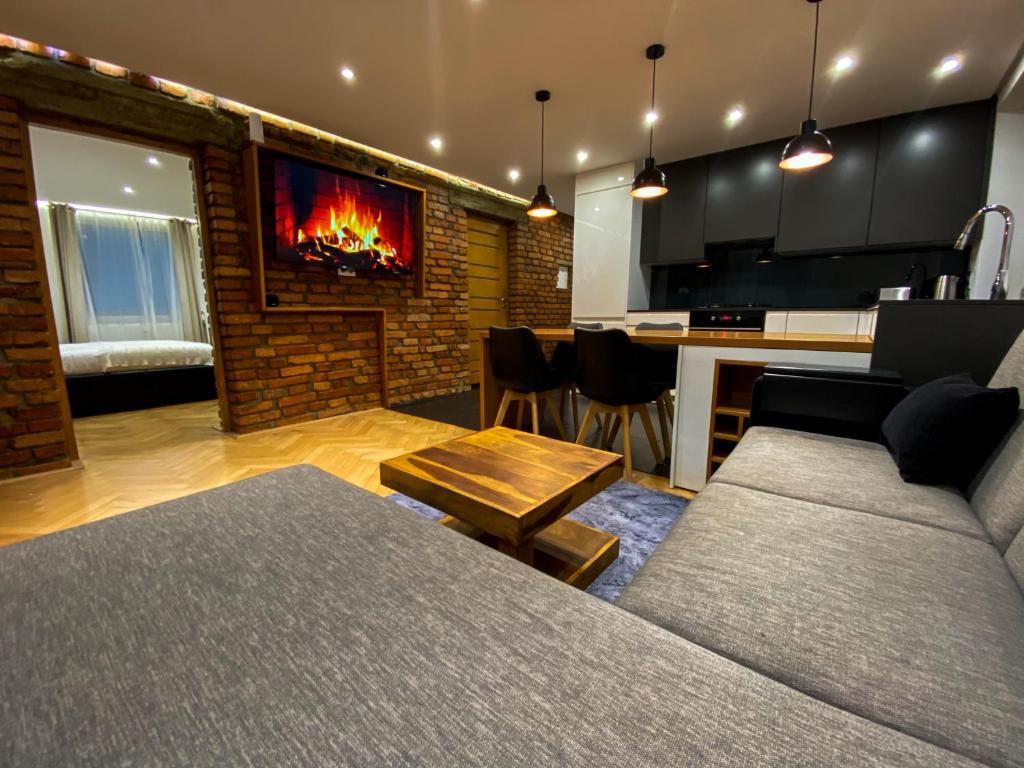 salon z kanapą i kominkiem w obiekcie Luxury Apartment in the City Centre w Koszycach