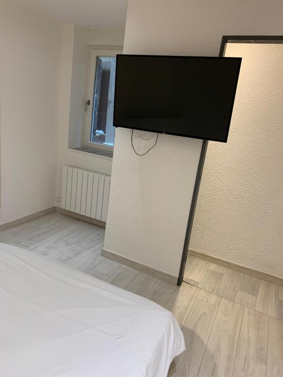 Pokój z łóżkiem i telewizorem z płaskim ekranem w obiekcie Appartement 1er Etage 42m2 hyper centre ville / parking gratuit w mieście Riom