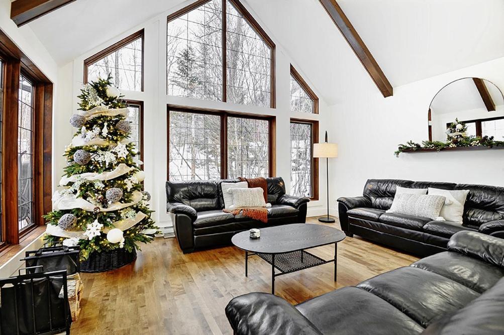 una sala de estar con un árbol de Navidad y un sofá en Chalets Alpins- 27 Chemin des Skieurs, en Stoneham