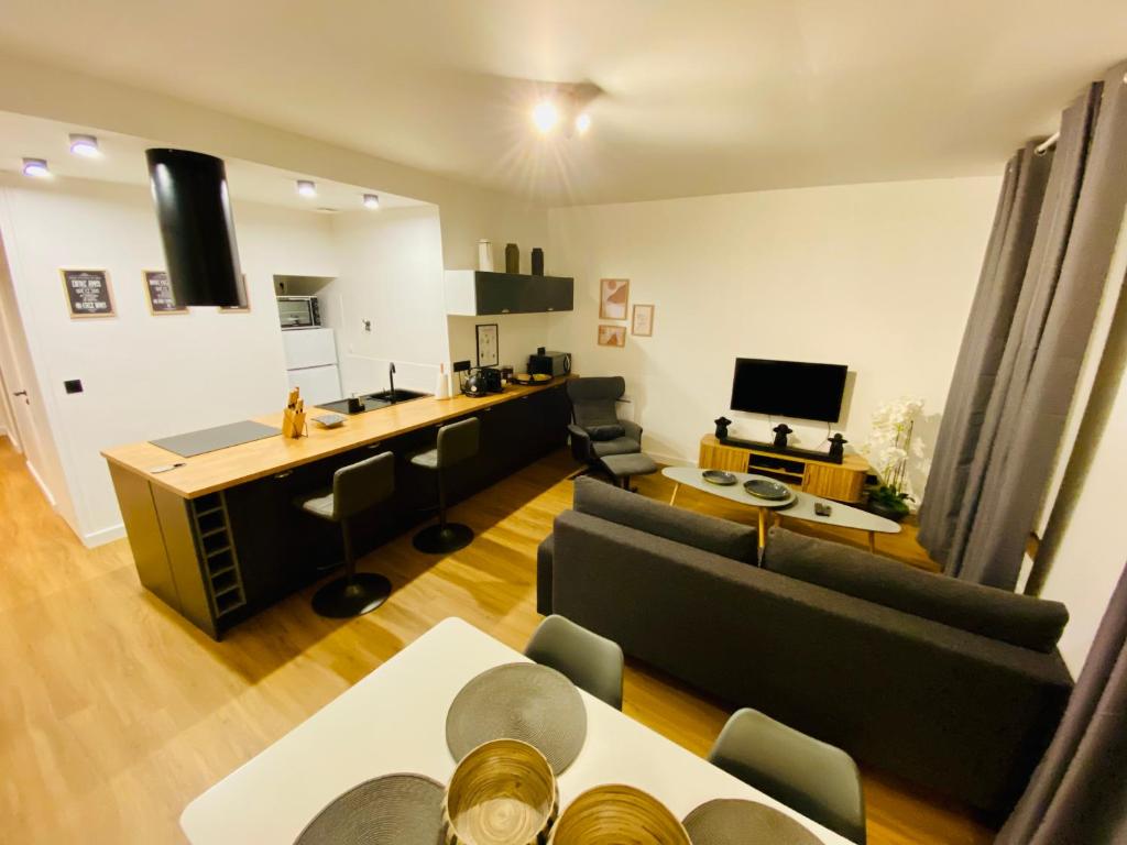 - un salon avec deux canapés et une télévision dans l'établissement Le doux refuge - 50m2 flat in the heart of Orleans, à Orléans