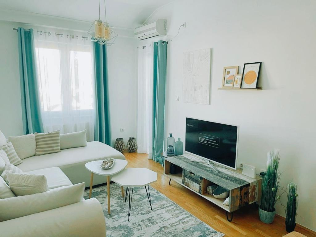 Il comprend un salon doté d'un canapé et d'une télévision à écran plat. dans l'établissement SoleMare Apartment, à Budva