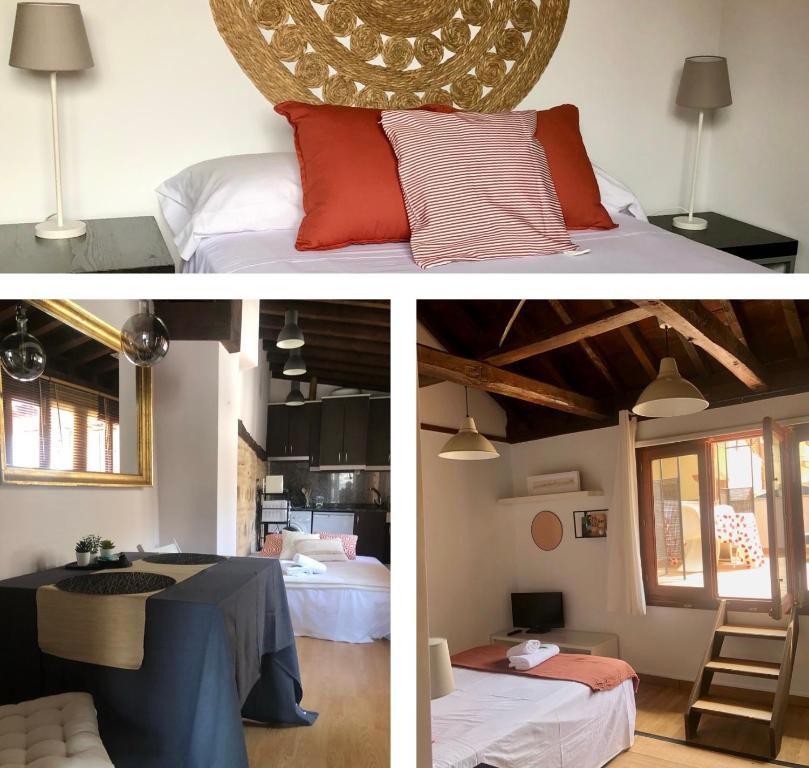 two pictures of a bedroom and a living room at Apartamento Canónigo - terraza con vistas in Toledo