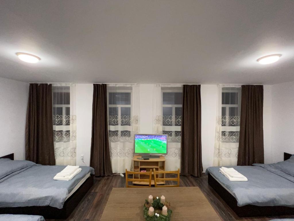 a living room with two beds and a television at Pension NV in Lutherstadt Eisleben