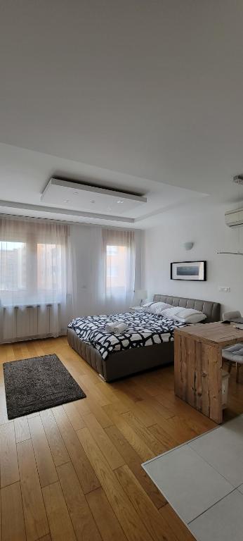 um quarto grande com 2 camas e uma mesa em Sleek & lovely studio with a great location em Belgrado