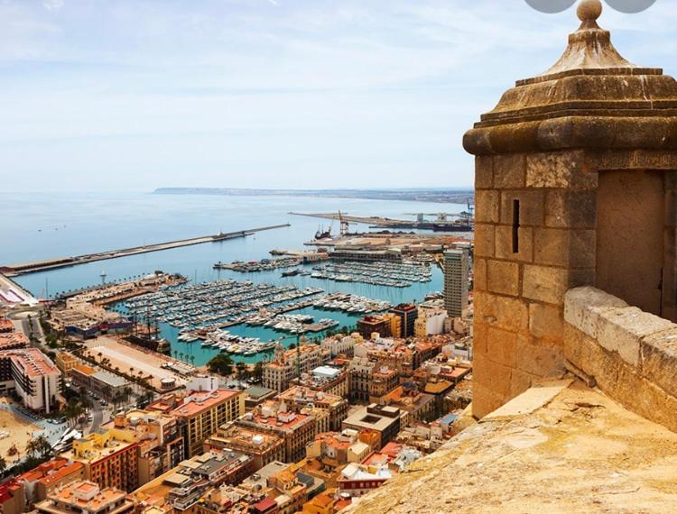 een luchtzicht op een stad met een haven bij Victoria Hospedaje in Alicante