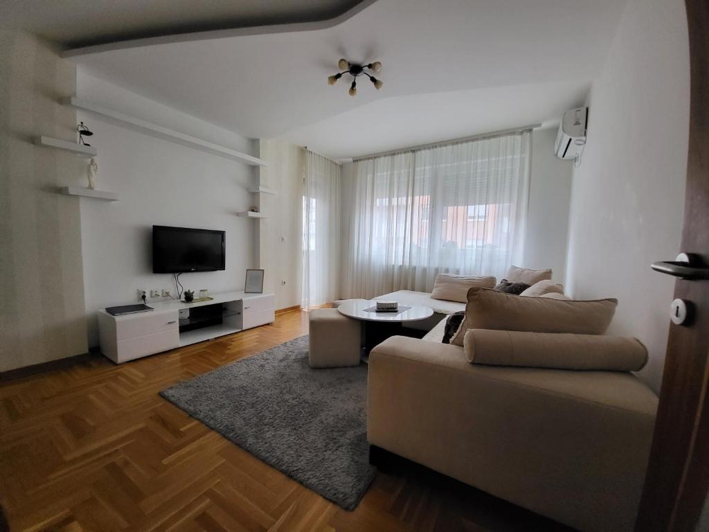 sala de estar con sofá y TV en Apartman KostaS, en Lukavica