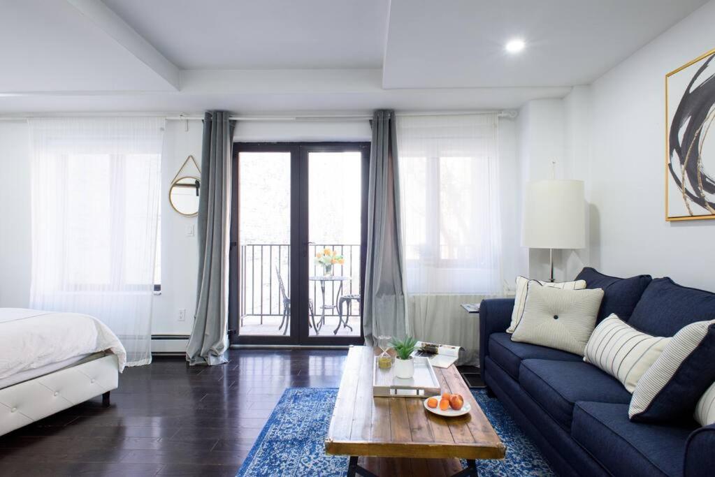 紐約的住宿－809-4B Studio Balcony W D Prime location，客厅配有蓝色的沙发和床。