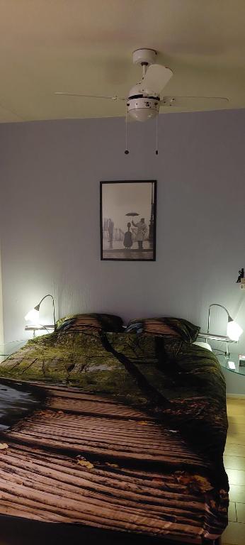 1 cama en un dormitorio con 2 luces en la pared en Bij Paul in Almere, en Almere
