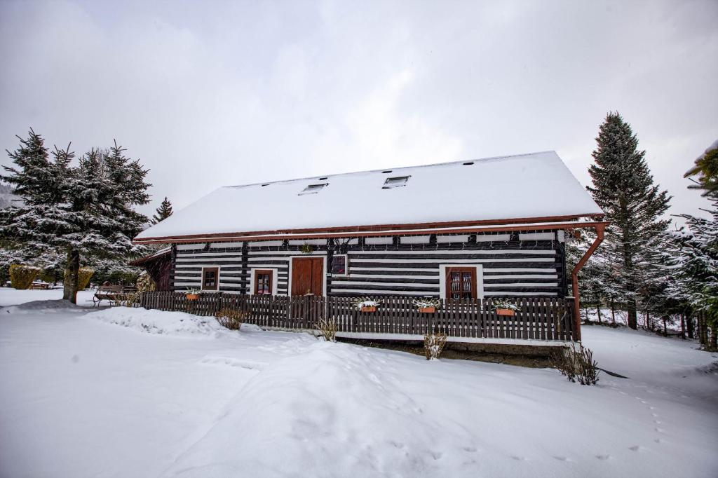 a log cabin with a snow covered roof at Chalúpka Rozprávkovo in Šumiac