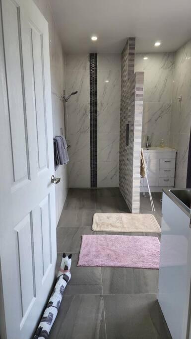 a bathroom with a shower and a white door at Oscar's at Banora in Kurrara
