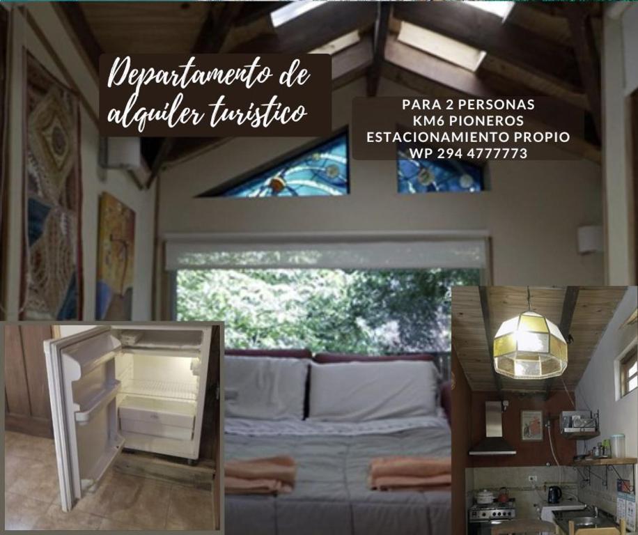un collage di una camera con divano e finestra di Cabaña entre Arboles a San Carlos de Bariloche