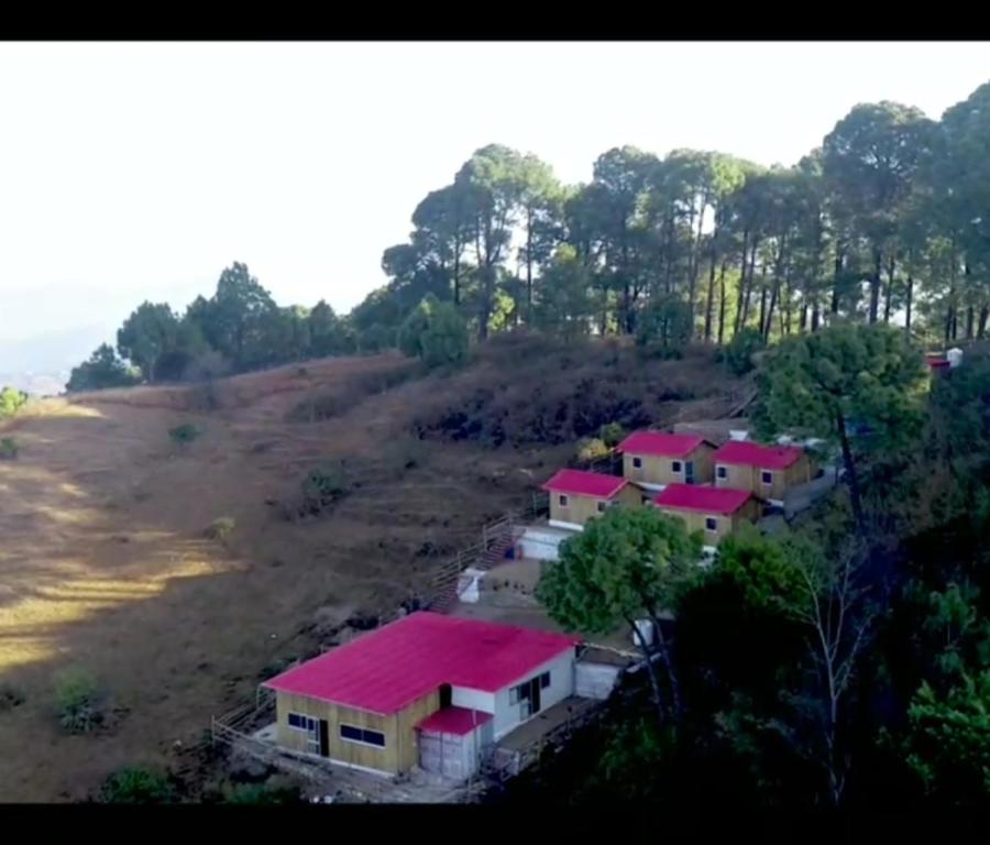 un grupo de casas con techos rojos en una colina en Secret Staycation Nature Cottages, en Kandāghāt