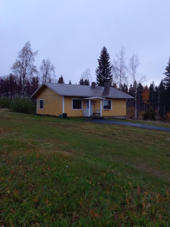 a small yellow house in a field with a yard at Talo mäellä in Juuka