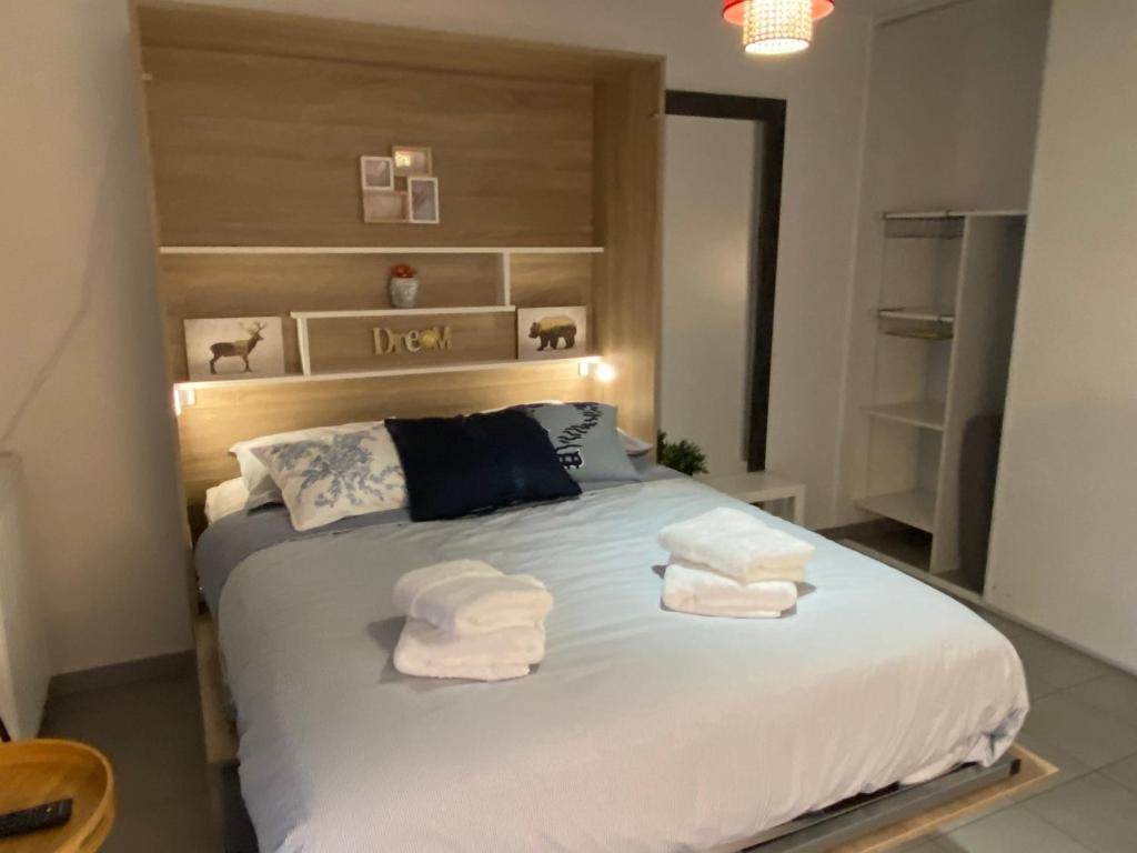 - une chambre avec un lit et des serviettes dans l'établissement Studio Chic Little Bohême 40 mn du stade olympique, à Lyon