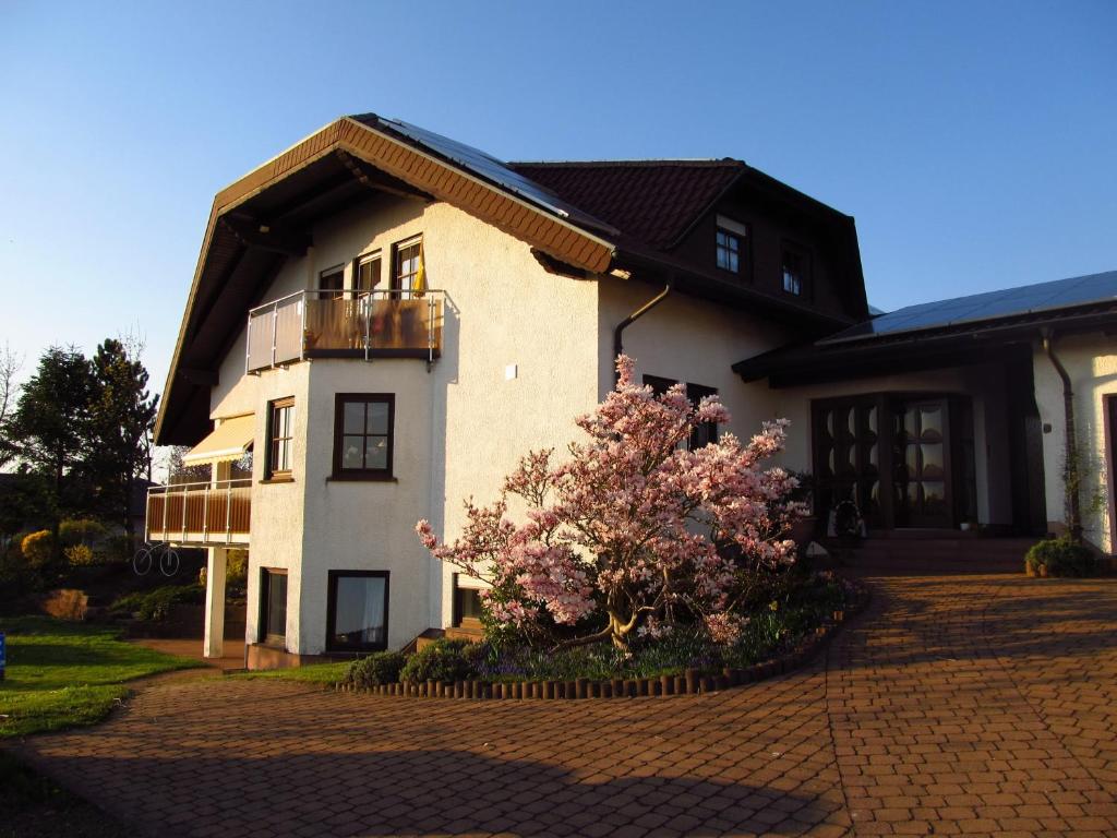 a white building with a balcony and a tree at Schmidt`s Eppelborner Ferienwohnung in Eppelborn